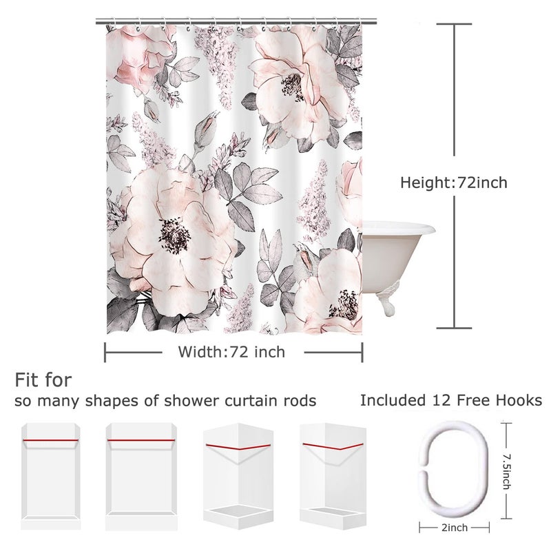 LIVILAN Pink Gray Flower Shower Curtain, Watercolor Floral Shower Curtains with Hooks White Grey Fabric Blossom Bathroom Decor Machine Washable, 72" W x 72" H - Image 4